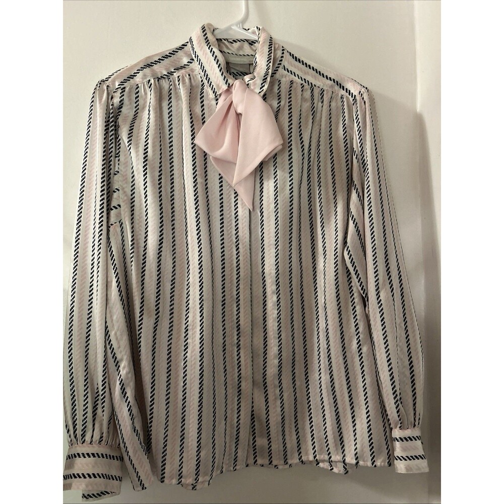 Vtg Evan Picone Blouse Women L Pink Bow Tie Hong Kong 80s Blouse Striped